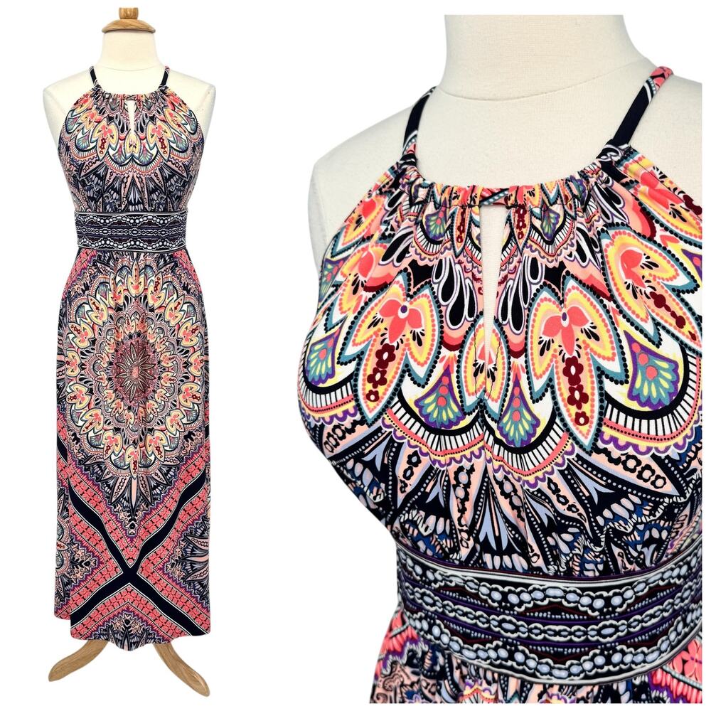 NWOT London Times Morris Halter Maxi Dress Navy/Coral Starburst Medallion 8P